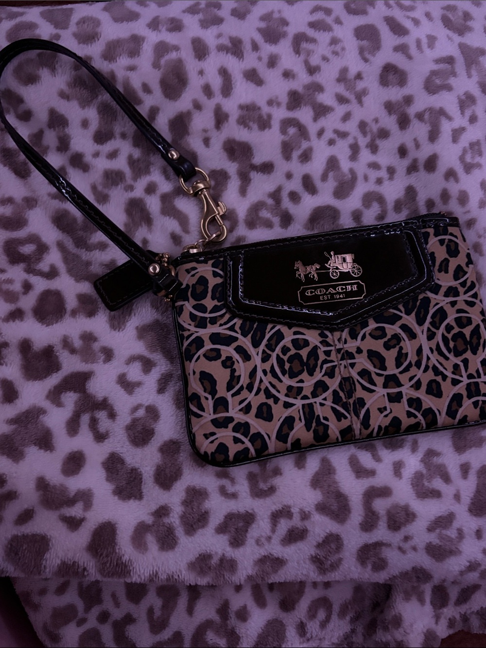 Coach Leopard Print Signature Wristlet - Black & Tan